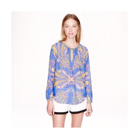 J.Crew Cotton Silk Feather Paisley Printed Blouse popover XS 0 2 - Picture 2 of 16